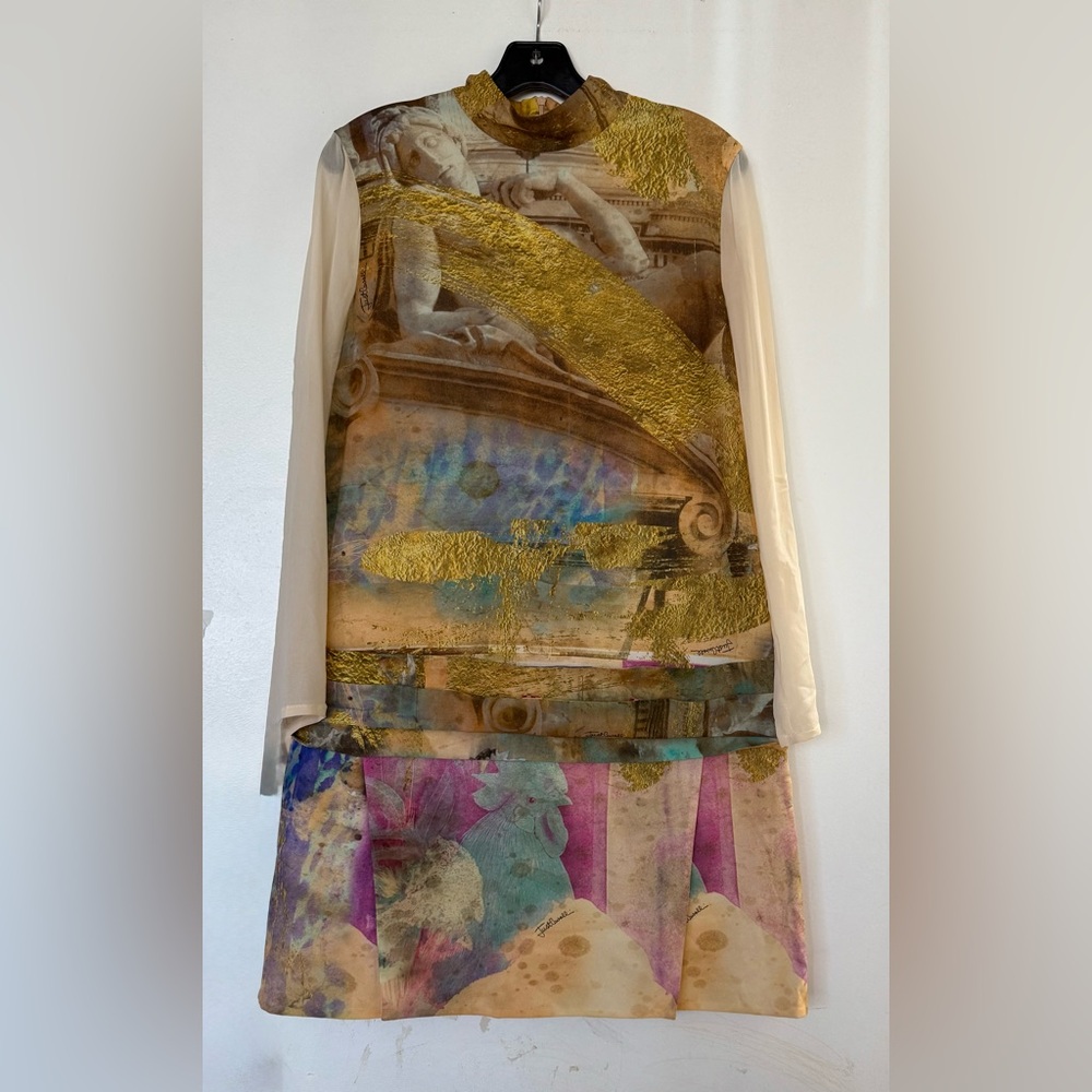 Just Cavalli Multicolor Abstract Midi Dress with Cream Sheer Sleeves, pre-owned - Picture 2 of 7